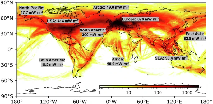 Credit: R. Teoh et al. 'Global aviation contrail climate effects from 2019 - 2021', Atmospheric Chemistry and Physics 24 (May 2024): 6071 - 6093. 
